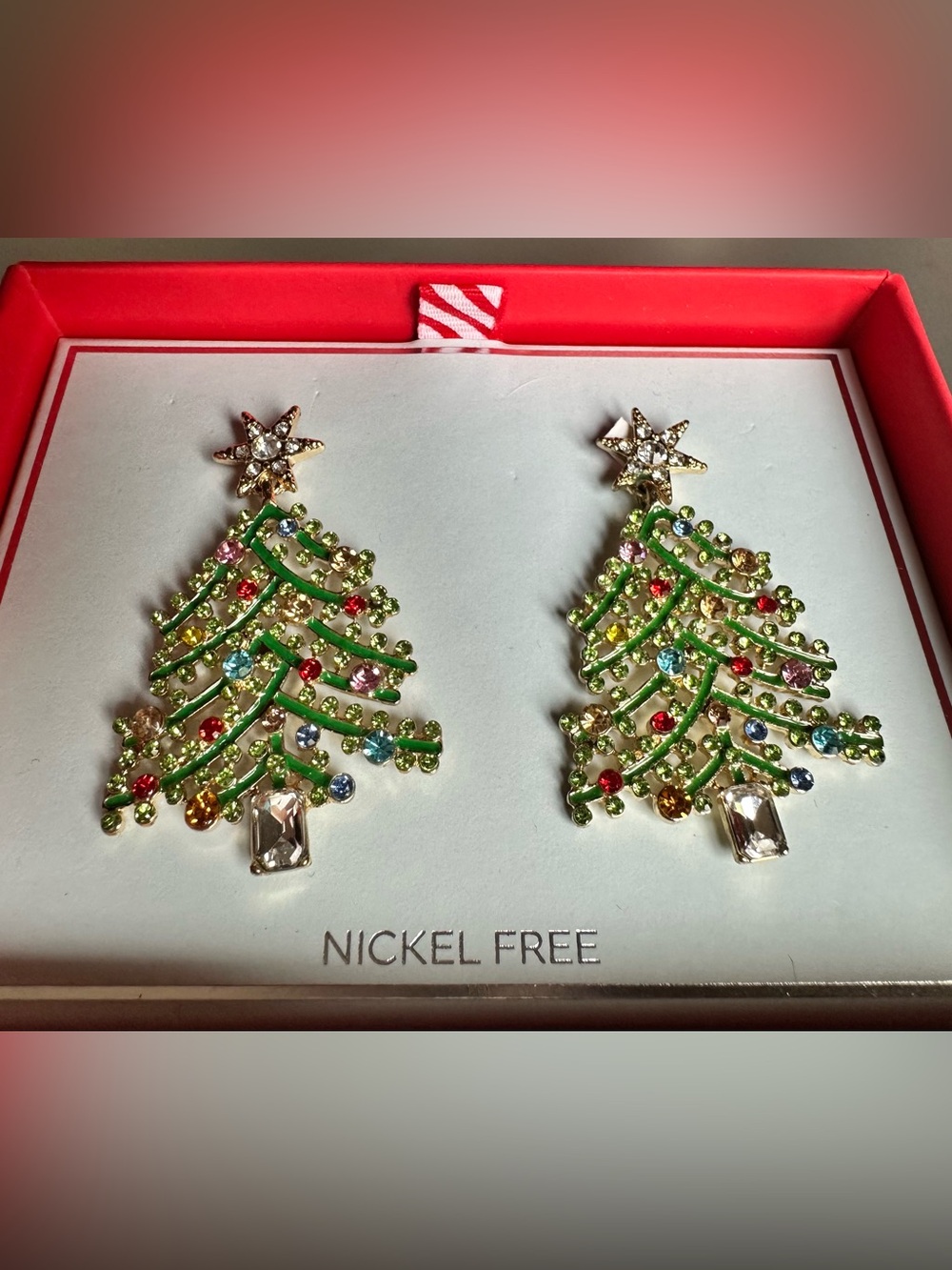 Festive Green Crystal Christmas Tree Drop Earrings -nickel free